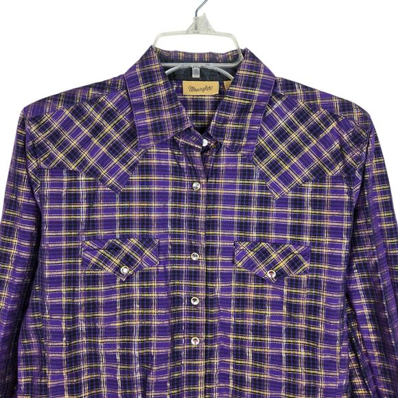 Wrangler Western Shirt S Plaid Purple Metallic Gold Rhinestone Snap Buttons - Picture 1 of 6
